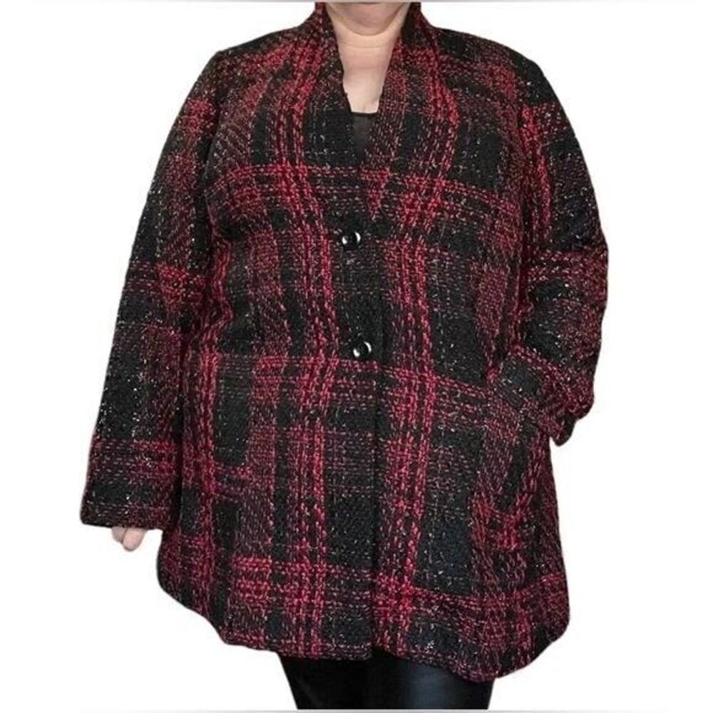 new Lane Bryant sz 18 / 20 2X Red Black Metallic Unlined Tweed Jacket Plaid